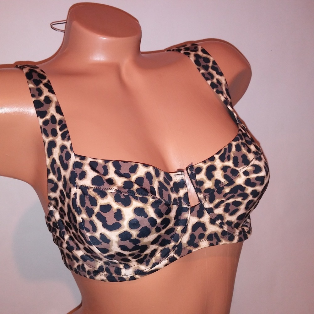 Victoria Secret Swim Bikini Top 34D Black Tan Leopard Wicked Animal Print New